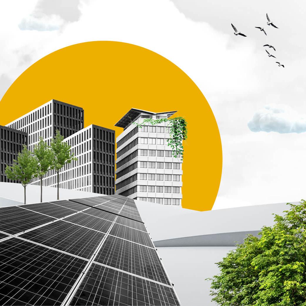 Solar panels charging by green trees and office 建筑, with a yellow sun behind