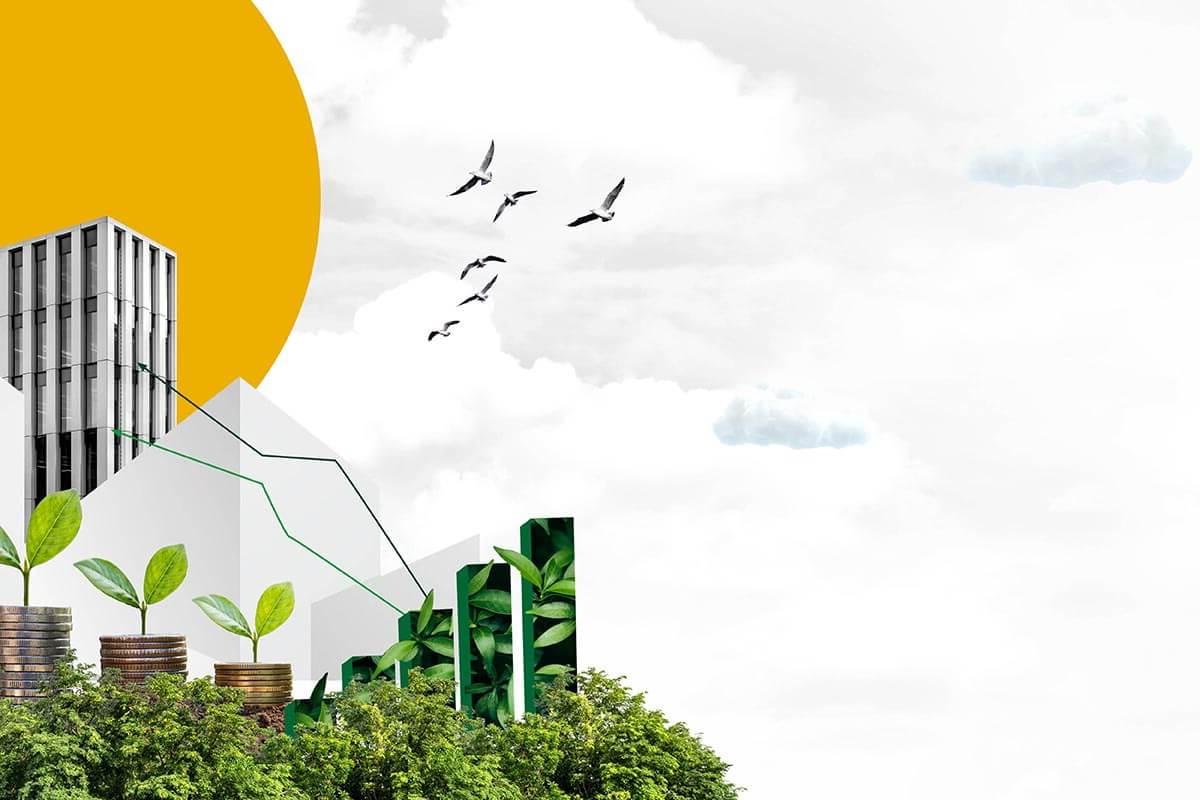 商业脱碳澳博官方网站的图示——绿叶和树木, 有一座灰色的办公楼, 绿色向上的箭头，后面是黄色的太阳